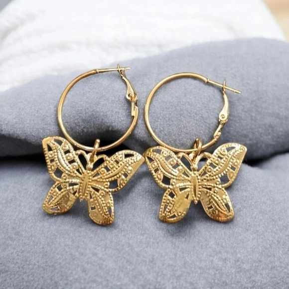 2 LEFT! Gold Plated Butterfly Dangle Hoop Earrings - Picture 2 of 2